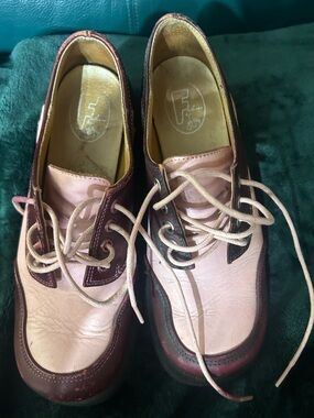 John Fluevog Pink and Burgundy Leather Lace-Up Shoes.